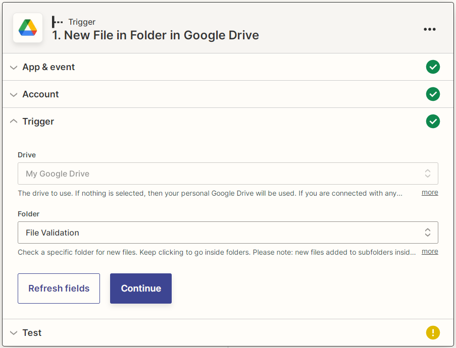 Zapier Google Drive new file in folder parameters screenshot
