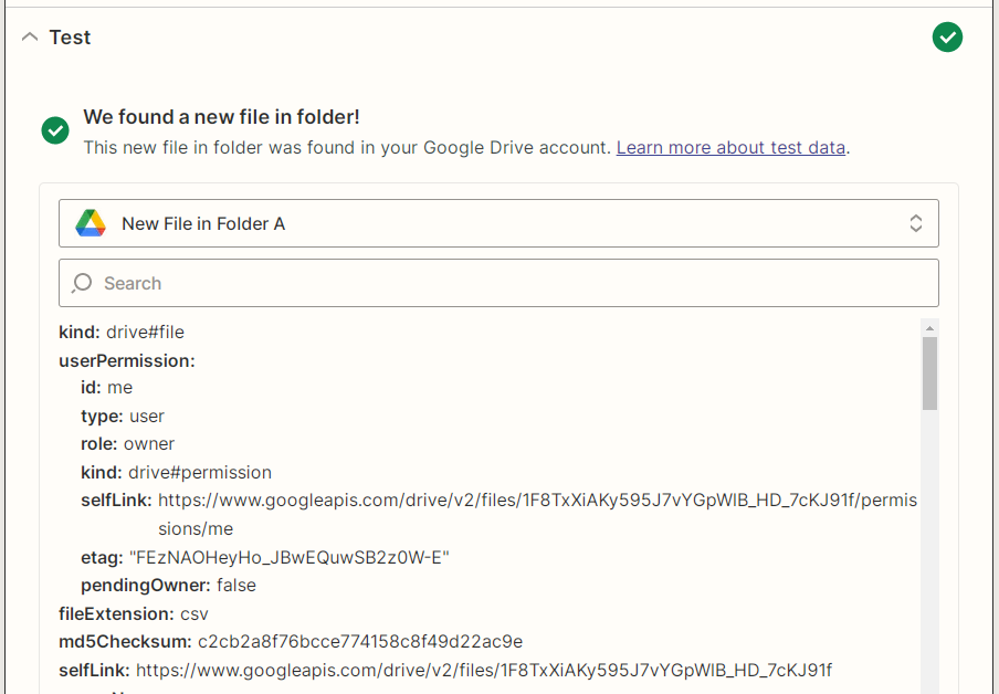 Captura de pantalla de la prueba de Nuevo archivo en carpeta de Google Drive de Zapier