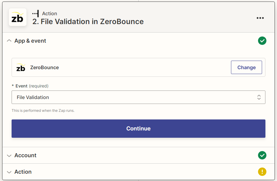 Captura de pantalla de validación de archivos de ZeroBounce de Zapier