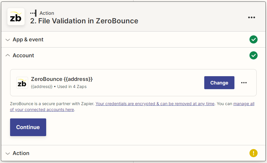 Captura de pantalla de cuenta de ZeroBounce vinculada a Zapier