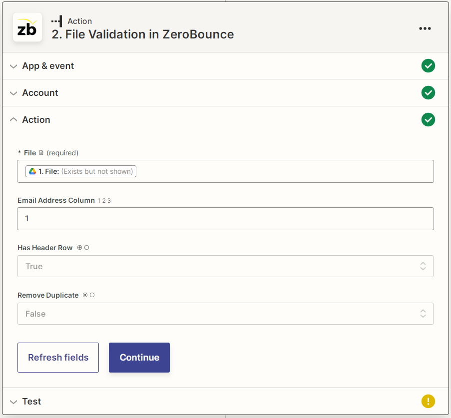 Captura de pantalla de los parámetros de validación de archivos de ZeroBounce de Zapier