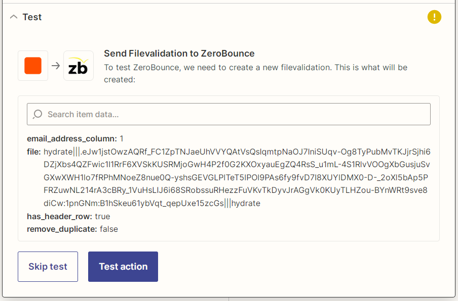 Captura de pantalla de la prueba de la acción de validación de archivos de ZeroBounce de Zapier
