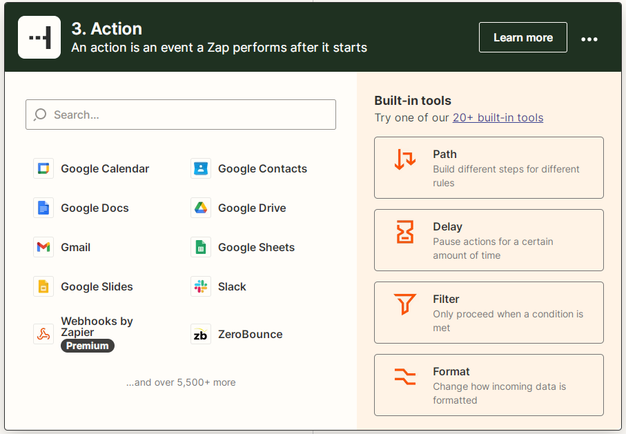Captura de pantalla de la herramienta de nueva acción de Zapier que muestra la opción Google Drive
