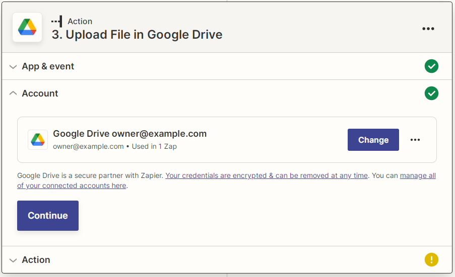 Captura de pantalla de cuenta de Google Drive vinculada a Zapier