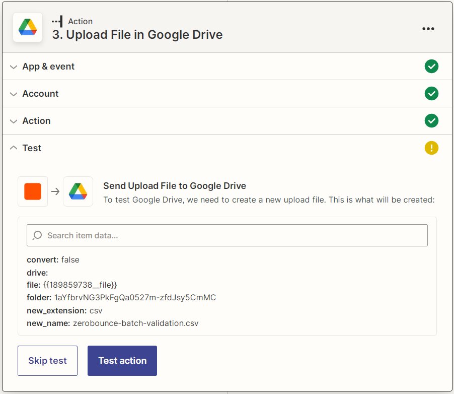 Captura de pantalla de la prueba de la acción Cargar archivo de Google Drive de Zapier