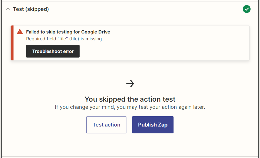 Captura de pantalla de omisión de la prueba de la acción de Zapier