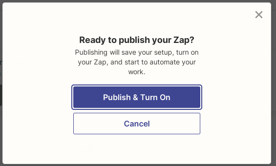 Zapier Publish & Turn on screenshot
