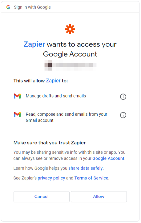Recuadro emergente de permisos de Gmail que otorga acceso a Zapier