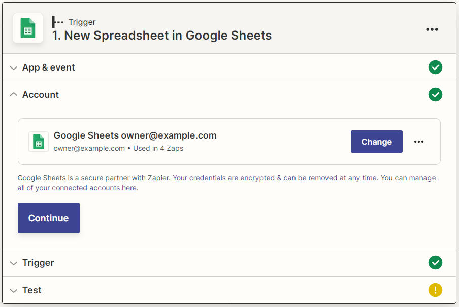 Captura de pantalla de cuenta de Google Sheets vinculada a Zapier