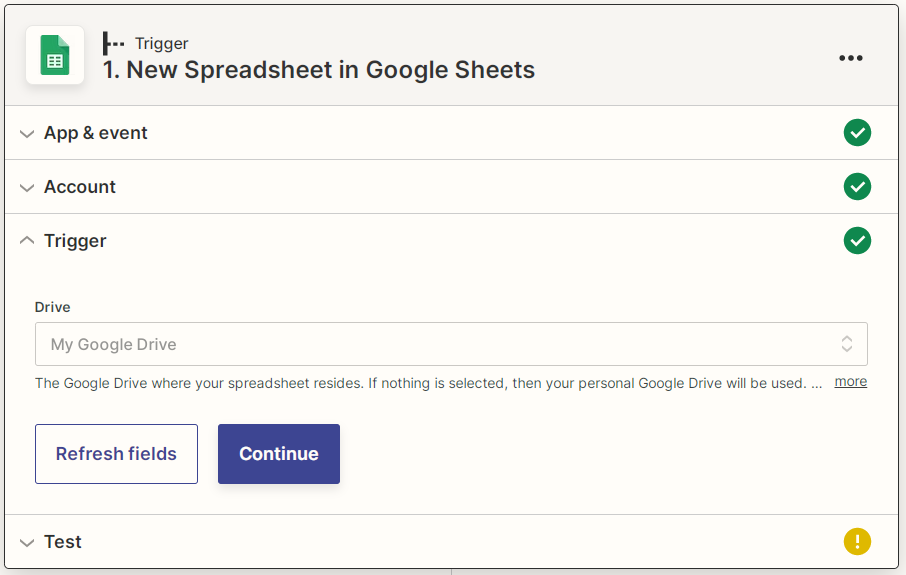 Zapier Google Sheets New Spreadsheet screenshot