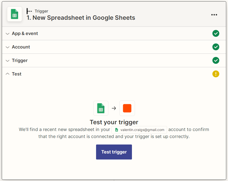 Captura de pantalla de la prueba de una nueva hoja de cálculo de Google Sheets de Zapier