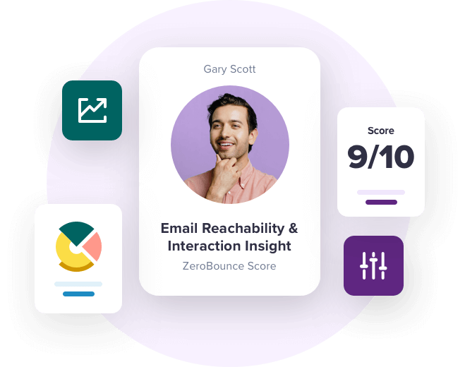 Man smiling surrounded by email marketing symbols. Thinking on how to validate emails.