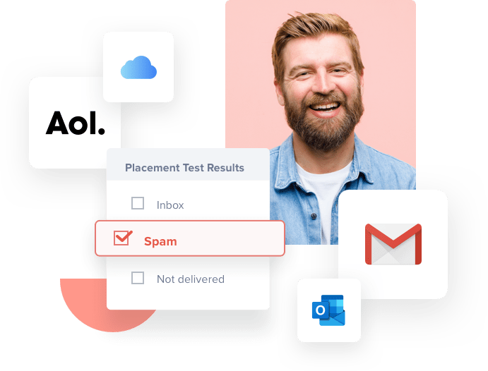 Man smiling and surrounded by email icons showing him how to verify emails before sending campaigns.